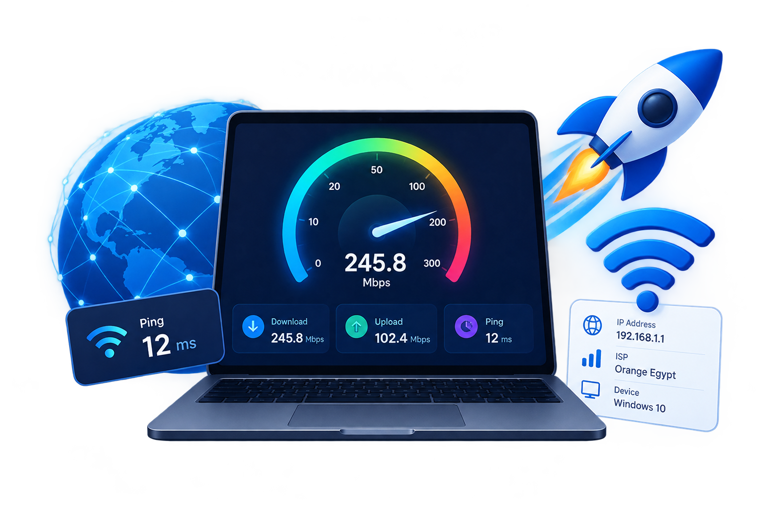 Internet speed test illustration with laptop, speedometer, and network elements